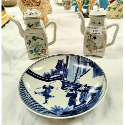 127 - Two Chinese porcelain tea pots of square form and a Chinese blue and white dish, mark to base