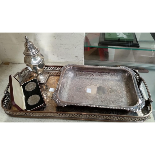 294 - A silver sugar dredger on square pedestal base, London 1906, 5.5 oz; a silver plated tray and dish; ... 