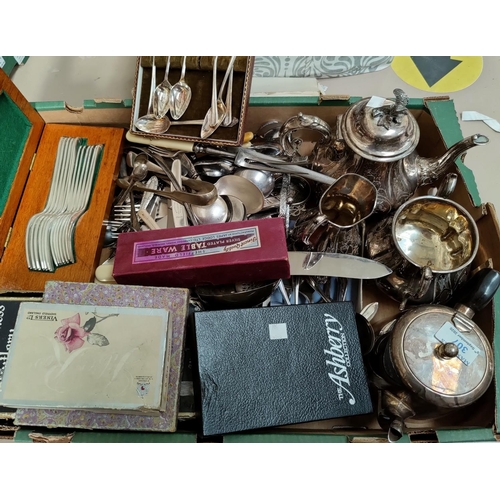 307 - A Victorian silver plated 3 piece tea set; a large selection of boxed and loose cutlery; miniature a... 
