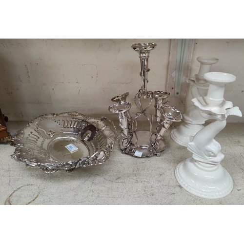 365 - A 5 branch silver plated epergne; a silver plated fruit bowl and a pair of 'Leedsware' china dolphin... 