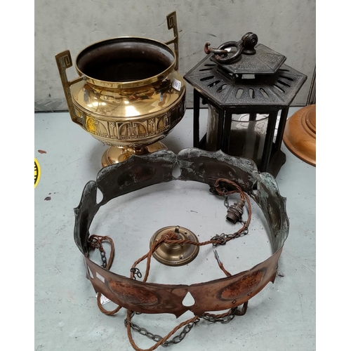 452 - A copper Arts and Crafts ceiling light; a cast metal hall light and a brass Arts and Crafts 2 handle... 