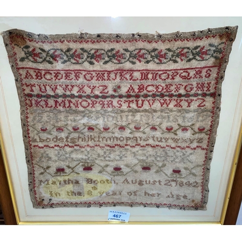467 - A Victorian sampler by Martha Booth 1842, 8 years old, framed and glazed; 2 other embroidered pictur... 