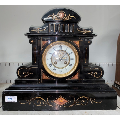 529 - A marble cased architectural mantel clock with chiming movement stamped JJS