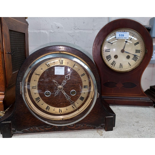 539 - An Edwardian striking mantel clock in mahogany balloon top case; a 1930's striking mantel clock; a r... 