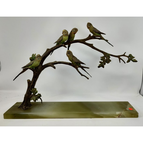 459a - A 1930's cold painted bronze group - Five budgerigars on a branch, on onyx plinth