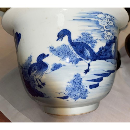 159 - A Chinese blue and white jardiniere, decorated with ducks, with hardwood stand (drill mark to base),... 