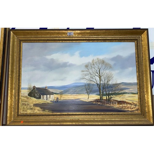 463 - A MacDonald, Moorland landscape with figures in front of stone cottage, oil on canvas, signed, 45 x ... 
