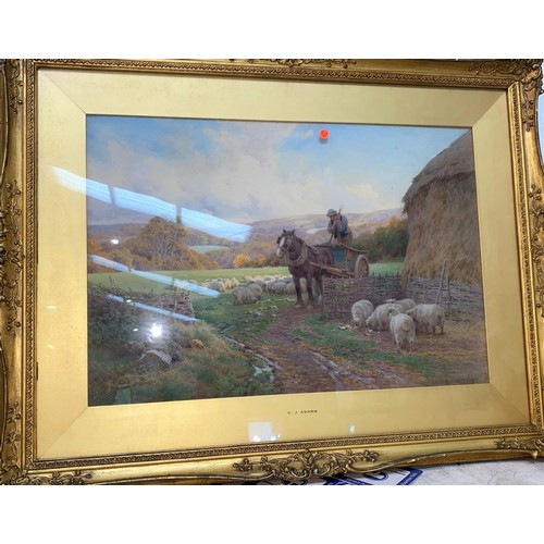 464 - Charles James Adams (1859 - 1931): Rural scene with farmer, horse etc, water colour, signed, 27 x 52... 