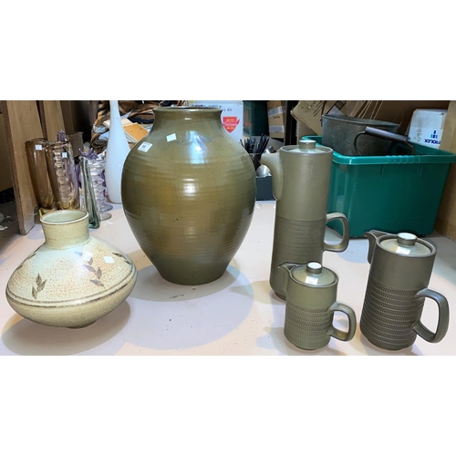 155 - A large ovoid studio stoneware vase, unmarked 41cm; another vase and studio pottery part coffee set