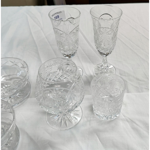 169 - A pair of Thomas Webb cut crystal wine glasses, other similar cut glass