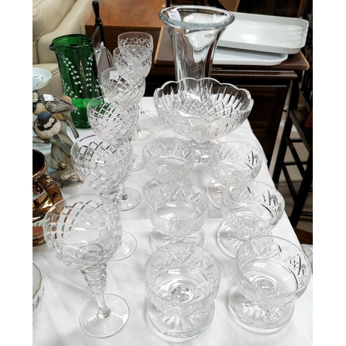 171 - A set of 6 cut back hock glasses with triple knop stems; a set of 6 cut sundae dishes; glassware