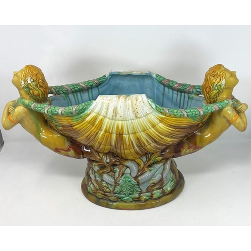 178 - A Mintons style modern Majolica boat shaped vase with female figurehead handles
