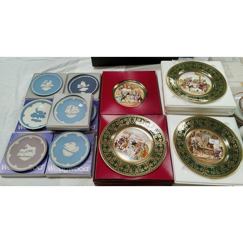 181 - Six Caverswall Christmas plates, Dickensian scenes, with original certificates, etc.; 5 Wedgwood Jas... 