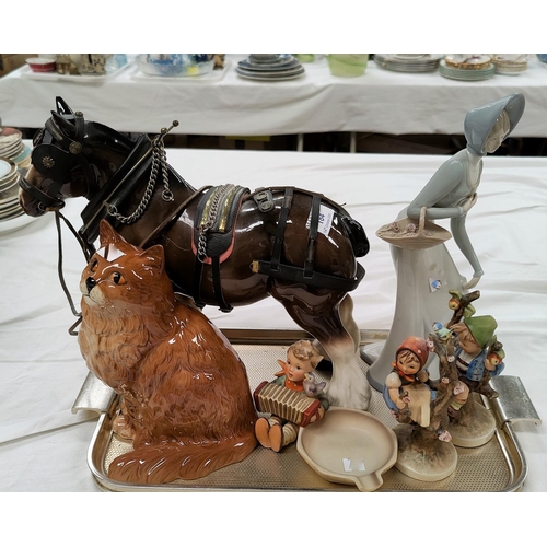 184 - Three Hummel figures of children; a Beswick cat; a Lladro style figure; a shire horse
