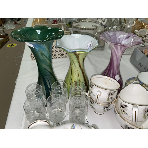 207 - Three Art Glass vases, Alum Bay, Isle of Wight; 2 part tea sets; resin figures; miniature/decorative... 