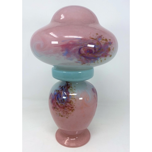 230 - A mid 20th century Art Nouveau style table lamp of baluster form, mottled pink glass with mushroom s... 