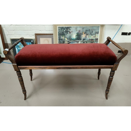 594 - An Edwardian mahogany duet stool/window seat on turned legs, rust upholstery; 2 oak coffee tables