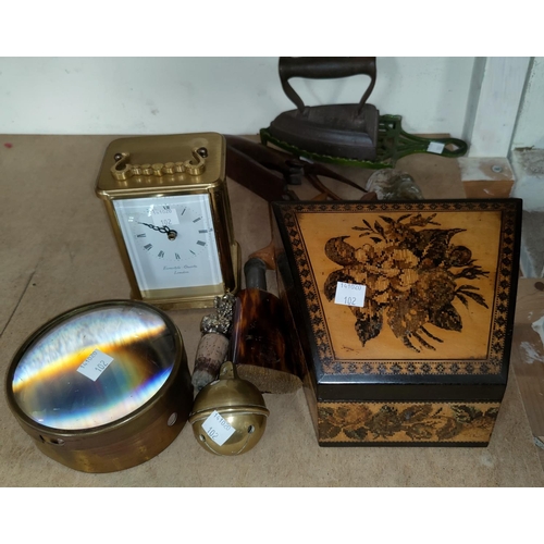 102 - A Tunbridgeware correspondence box with slope front; 2 mirrors; a modern carriage clock; etc