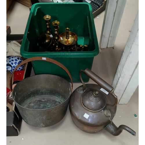 115 - A 19th Century copper kettle, a brass jampan, pair of candlesticks and other brassware