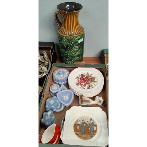 13 - Nine pieces of Wedgwood blue jasperware; decorative plates; a large majolica vase; etc.