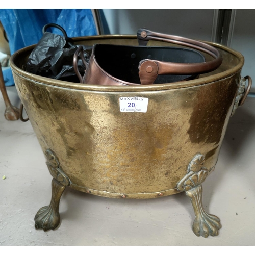 20 - A large brass coal bin on paw feet; a smaller scuttle