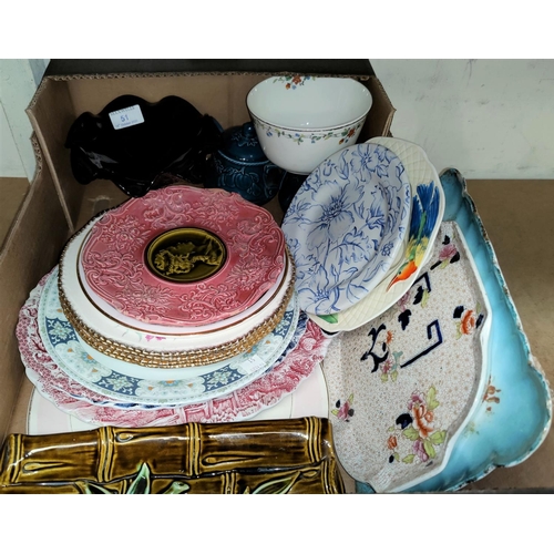 51 - A Dresden style figure and a selection of decorative plates and china.