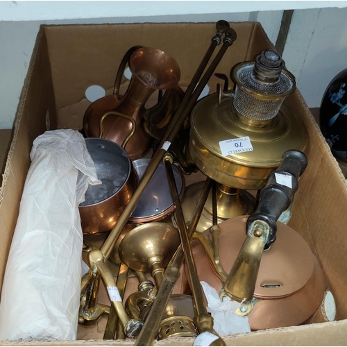 70 - A brass oil lamp; a brass companion set; copper pans; etc.