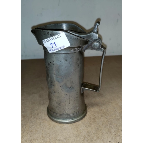 71 - An 18th century French pewter tappit hen mug/jug with hinged lid; a pewter plate warmer; a mahogany ... 