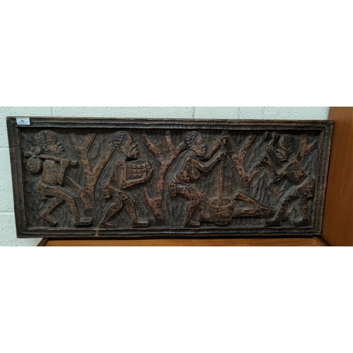 79 - An African carved hardwood relief plaque depicting 4 figures at work, signed P.H.KALENGA, 39 x 100cm