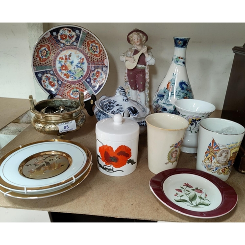 85 - A Chinese brass three footed Censor; a selection of ceramics and china etc.