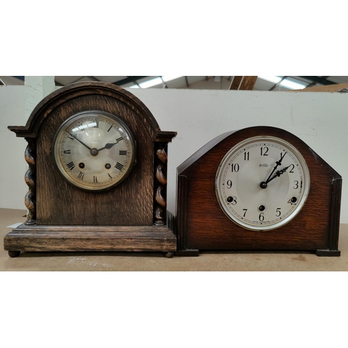 88 - An oak cased Mantle Clock with barley twist columns & another similar mantle clock.