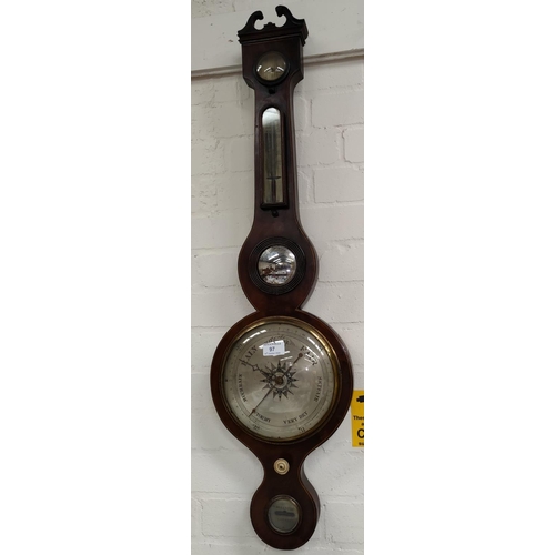 97 - A 19th Century inlaid Banjo Barometer with mercury column, silver dial.