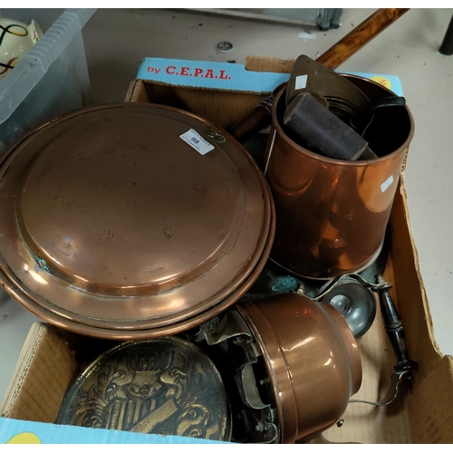 98 - A copper bedpan with a selection of metalware etc.