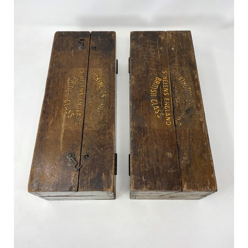 160A - Two vintage wooden boxes with twin hinged opening tops both marked 'Pilkingtons British Glass, St He... 