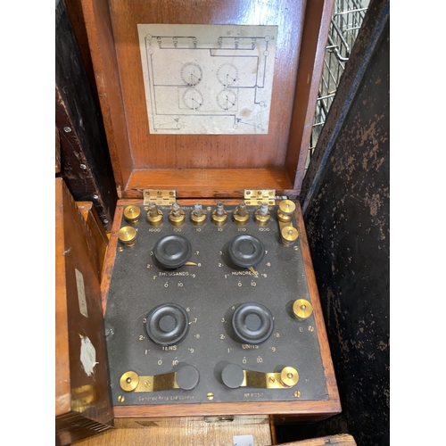 161A - 2 Vintage Variable Resistance boxes, wooden cased,  by Gambrell Bros, London and other similar equip... 
