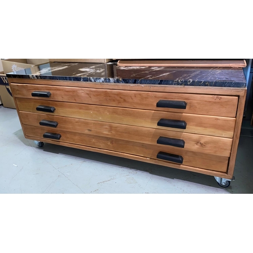 219A - A pine 4 - height part plan chest with later grey / white marble top, 116cm long x 48cm high x 84 cm... 