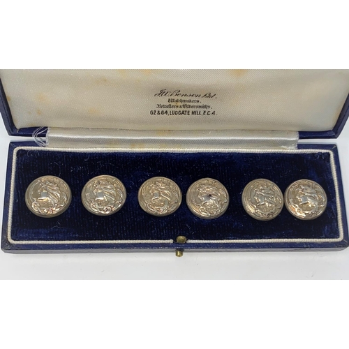 44A - A cased set of 6 hallmarked silver buttons with embossed portrait decoration, Chester - date unclear... 
