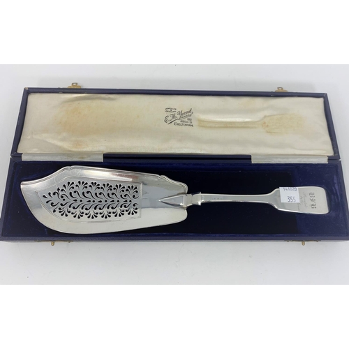 355 - A hallmarked silver pierced fish slice, inscribed, cased, London 1839, 5 oz
