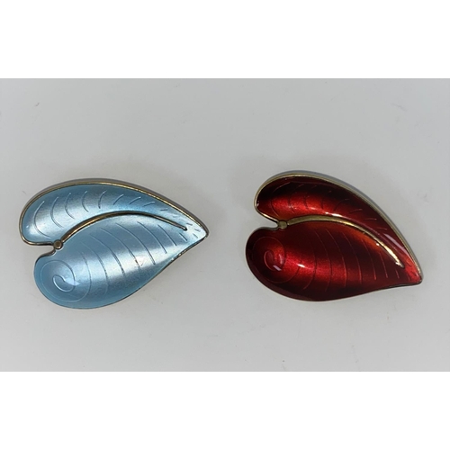 388 - Two silver and enamel heart shaped leaf brooches by David Anderson, one red, one pale blue