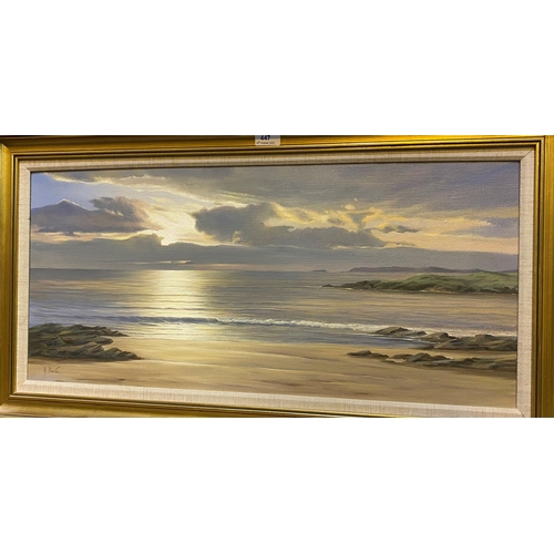 447 - A Duval:  Coastal scene at sunset, oil on canvas, signed, 34 x 76 cm, framed