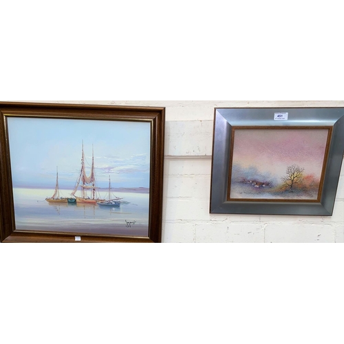 451 - Alfredo Maugeri:  Landscape, oil on canvas, signed, 22 x26 cm, framed; a seascape with 3 boats, oil ... 