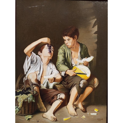 453 - K Kroll:  Boys eating fruit, after Murillo, oil on board, signed, 39 x 29 cm, framed