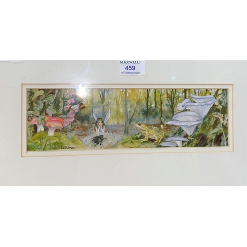 459 - Liz Podmore:  Fairy with frog and snake, etc., watercolour, signed, 9 x 30 cm, framed and glazed;  A... 