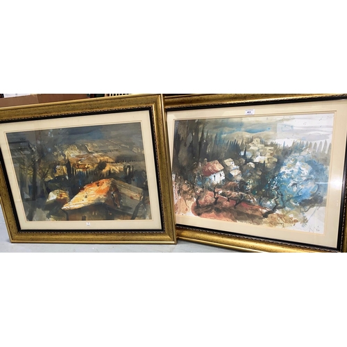463 - A pair of continental prints, impressionistic views of villages, signed limited editions; an 18th ce... 