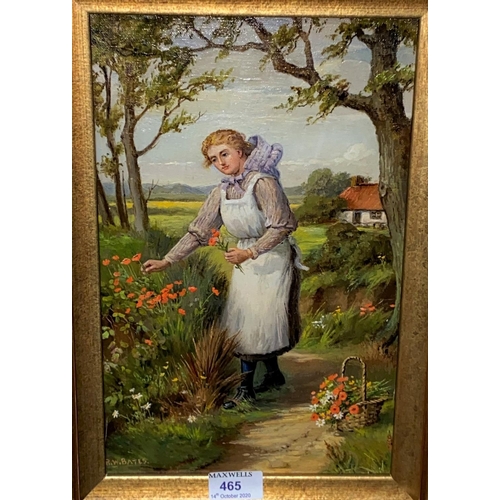 465 - Robert William Bates; Lady on a pathway picking flowers, cottage nearby, oil on board, signed, 31x20... 