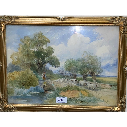468 - David Bates; a farmer driving flock of sheep over bridge in spring landscape, watercolour, signed  2... 