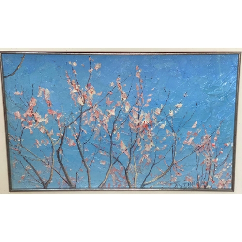 472 - Oleg Putnin (Russian School): Spring Blossom 2.  Oil on board of impressionist scene of blossoms. Si... 