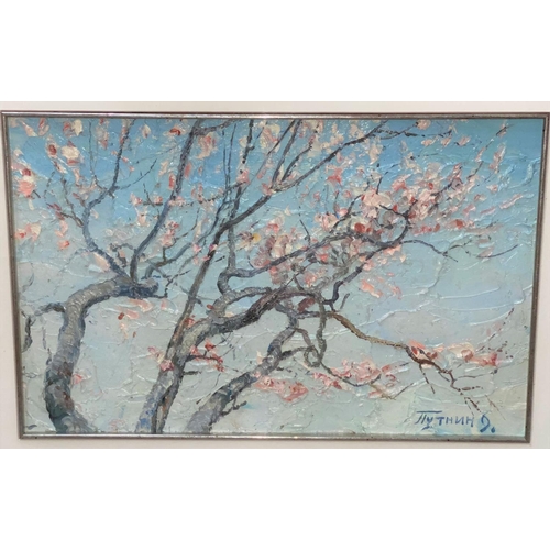 473 - Oleg Putnin (Russian School): Spring Blossom 3.  Oil on board of impressionist scene of blossoms. Si... 