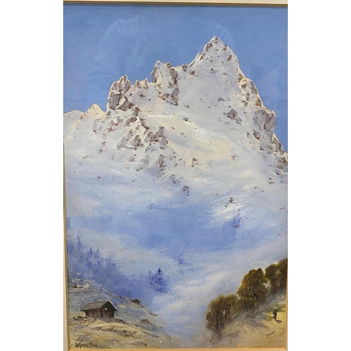 474 - Herbert Moxon Cook: Water colour of snowy mountain with cabin in foreground. 36cm x 24cm. Signed on ... 