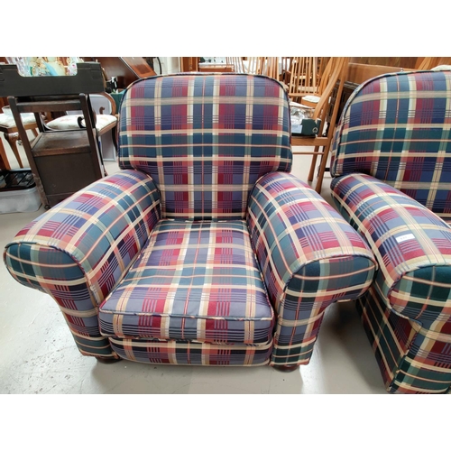 539 - A three piece suite comprising: A three seater settee and two armchairs, upholstered in tartan fabri... 